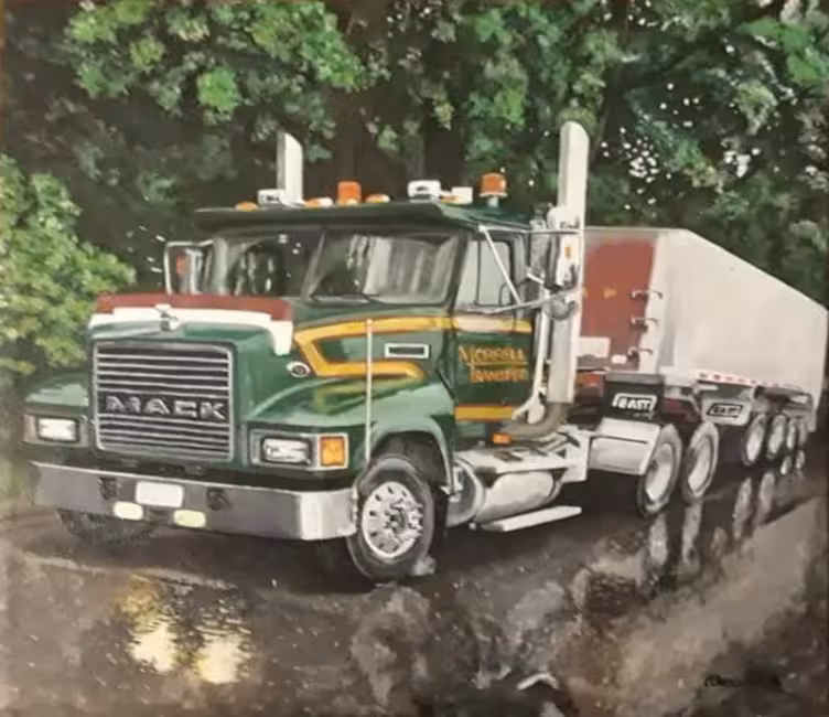 painting of a green mack semi-truck, on the road, in the forest, it is raining.